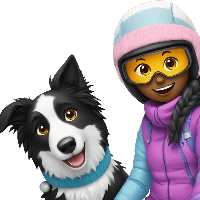 Girl and border collie on snowboard emoji