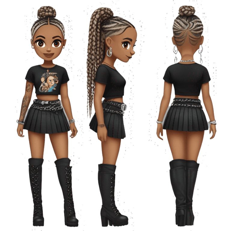 Brown Bratz with long brown box braids and  tattoos, wearing a black mini pleated skirt, wearing a lace crop top, wearing a silver belt and a chain belt, wearing silver jewellery, wearing a thigh-high heeled boots; rolling her eyes emoji