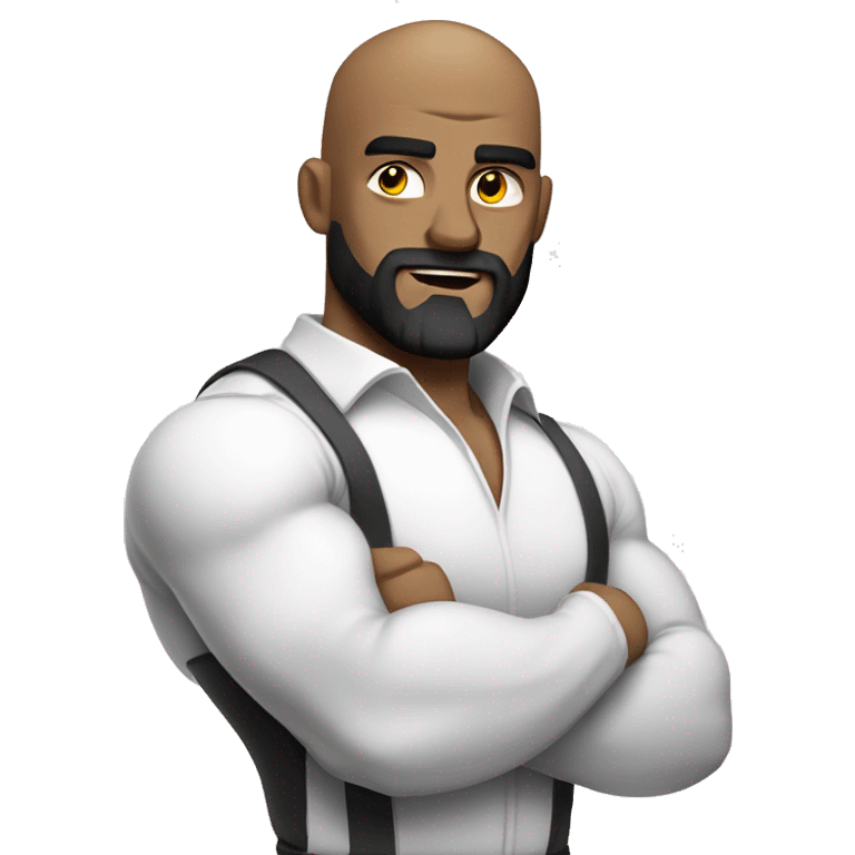 Muscular man flexing, bald, dark beard in a white shirt emoji