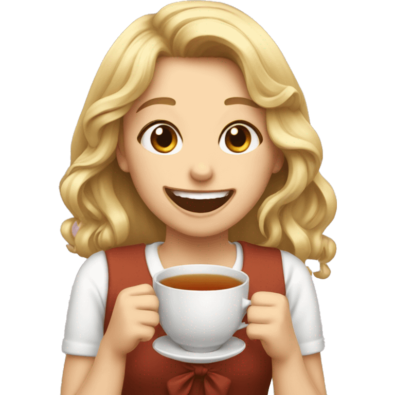 Girl laughing with tea and a bow emoji