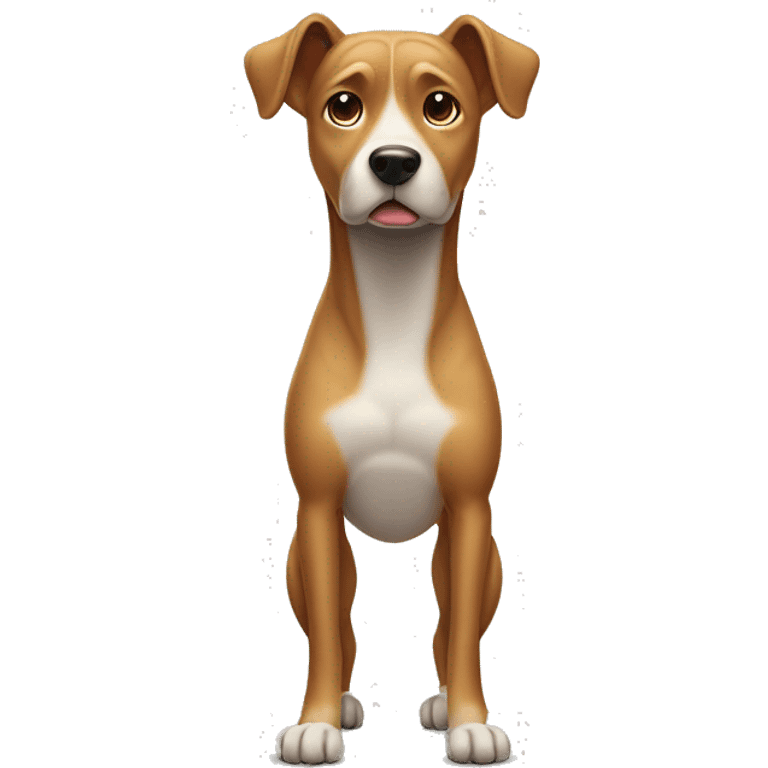 Dog standing on its hind legs with a neutral expression staring at the screen emoji