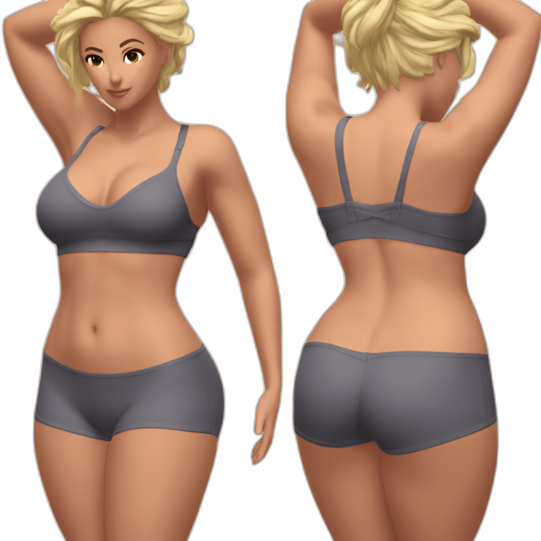 Slim-thicc Caucasian woman small bra panties hands-in-hair pose (beach body) full body emoji