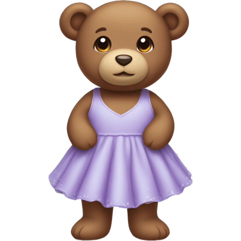 Little brown teddy bear wearing a light purple dress that is feet length and has super light blue sea stars on it emoji