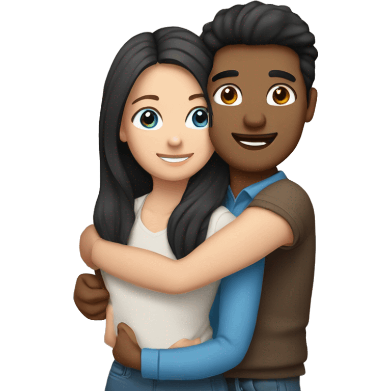 Friends hugging each other. Indian man with black hair. White woman, blue eyes and long light brown hair emoji