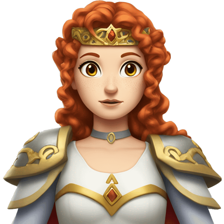 a white girl with long red curly hair and freckles, cosplaying Princess Zelda posing and being serious emoji