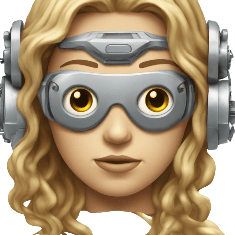 female cyborg head, fair skin, Brown long hair with blonde steaks, space age goggles and circuits emoji