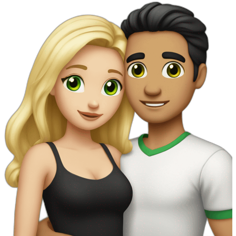 A couple of a girl with blonde hair and green eyes, and a man with black hair and black eyes, that are hugging emoji