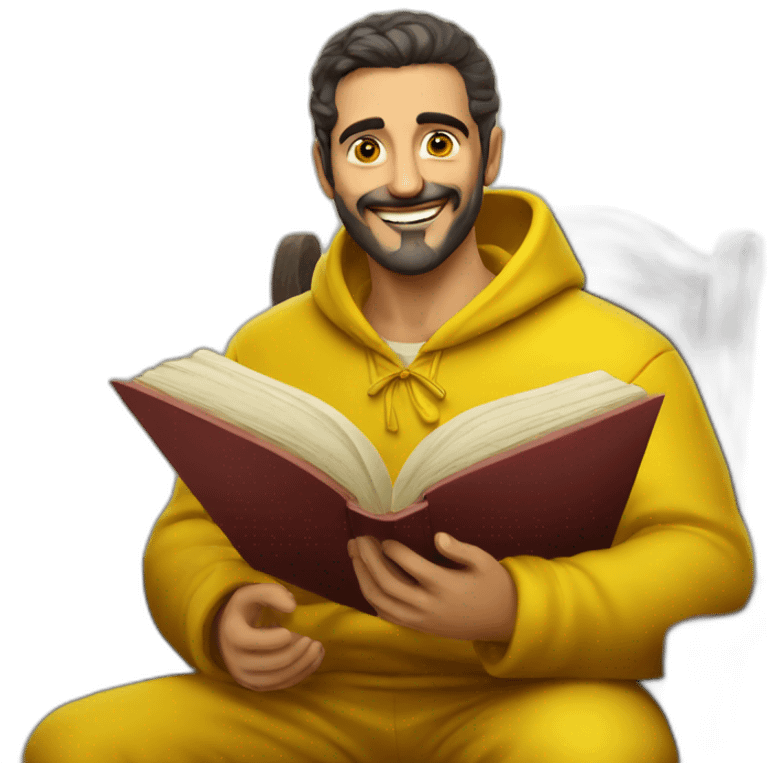 Armenian men with the yellow clothes reading book and looking at camera and smiling  emoji