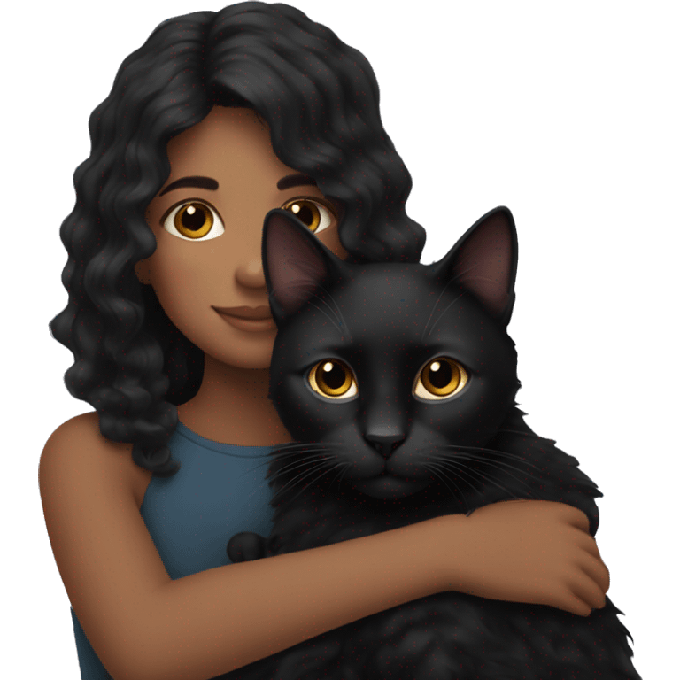 a girl with dark wavy hair hugging her black cat  emoji