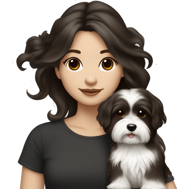 young female artist tan with long dark brown hair painting black+white havanese emoji