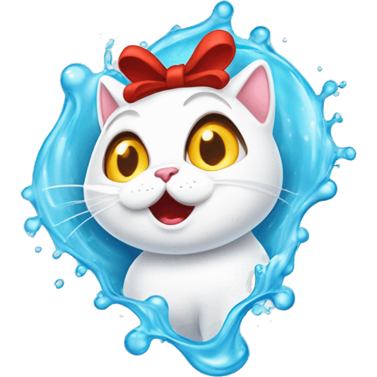 A white cartoon cat with a red bow on its left ear, looking unwell. A colorful stream of liquid comes from her mouth in a playful and exaggerated way, giving the image a lighthearted and humorous tone. The scene is drawn in a cute, cartoonish style emoji