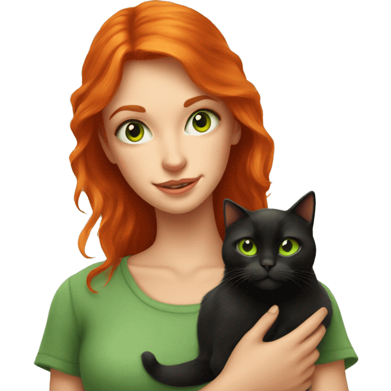 Red head girl with green eyes holding orange eyed black cat  emoji