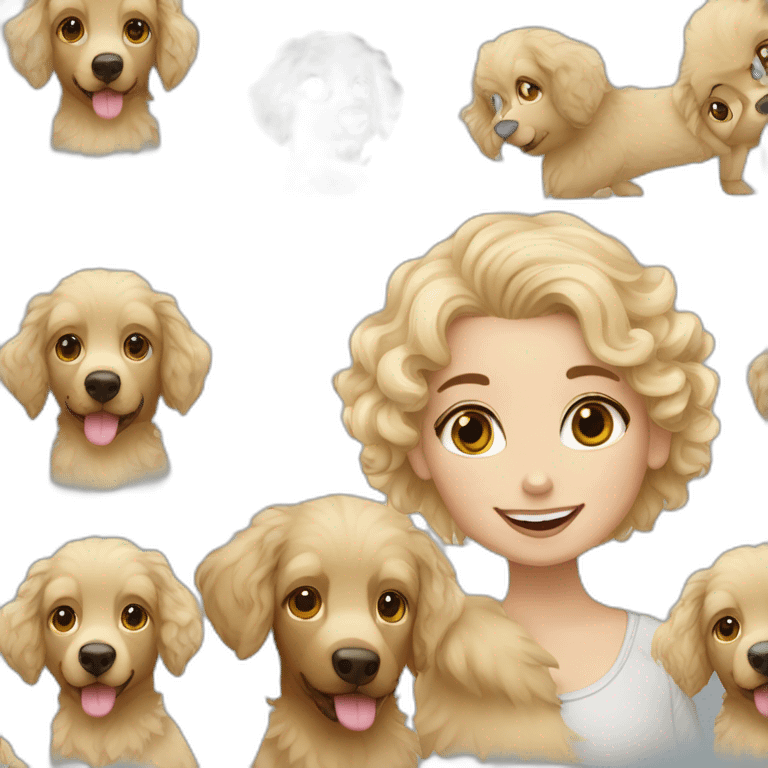 Blonde curly girl with an Australian shephard emoji