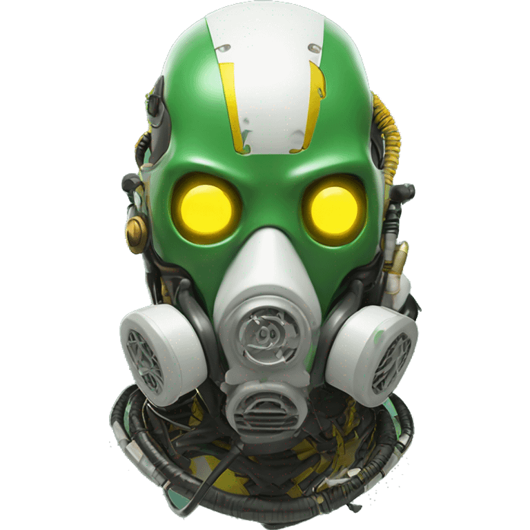 Green skin cyborg head with dark yellow Mohawk, white respirator mask and circuitry emoji