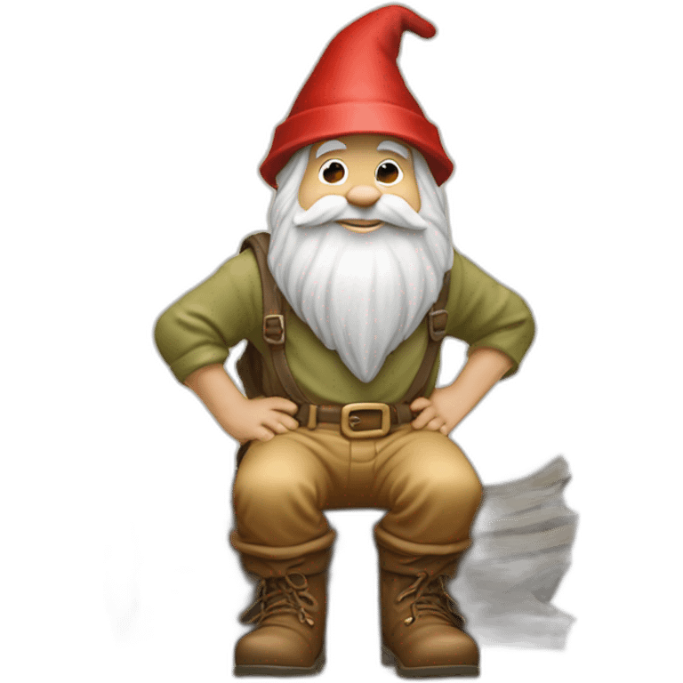 side view of gnome with light tan pants and light tan boots squatting in front of small brown log emoji