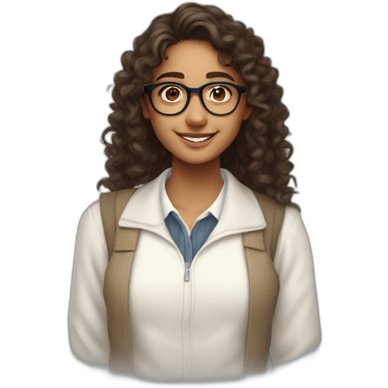 smiling indian teenage girl with curly hair and glasses wearing a collared long sleeve white shirt under a white sweatervest emoji