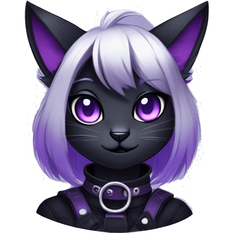 Gorgeous furry gothic dark techwear anime style anthro black cat furry sona Fakemon with blushing face aesthetic and pretty edgy black with violet collar and harness trending style emoji