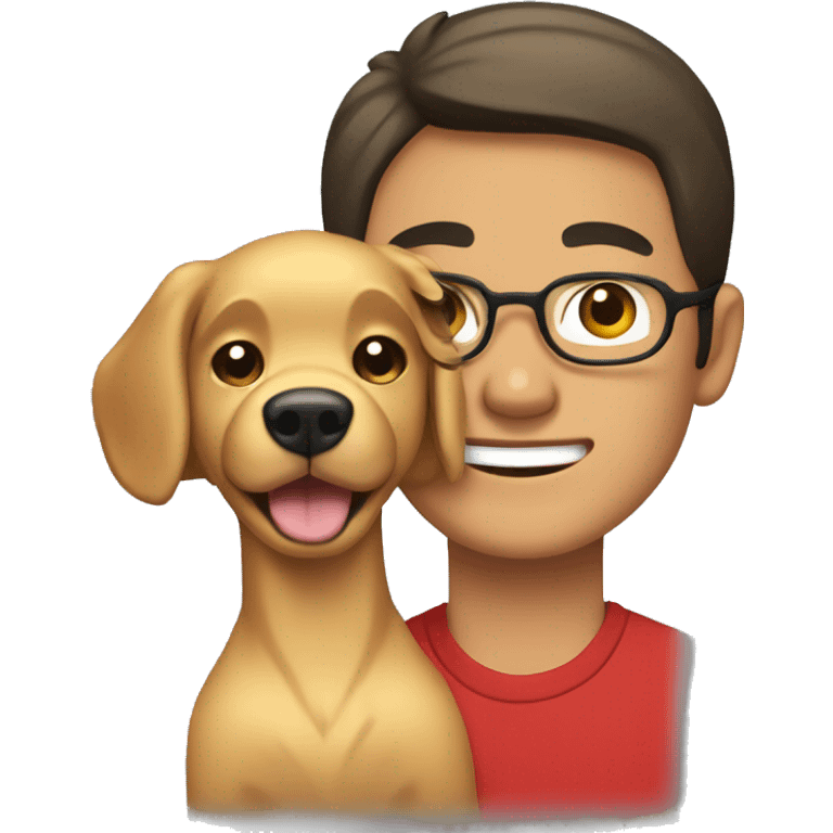 A Asian guy with black hair and brown eyes and black glasses wearing a red shirt holding a golden retriever dog emoji