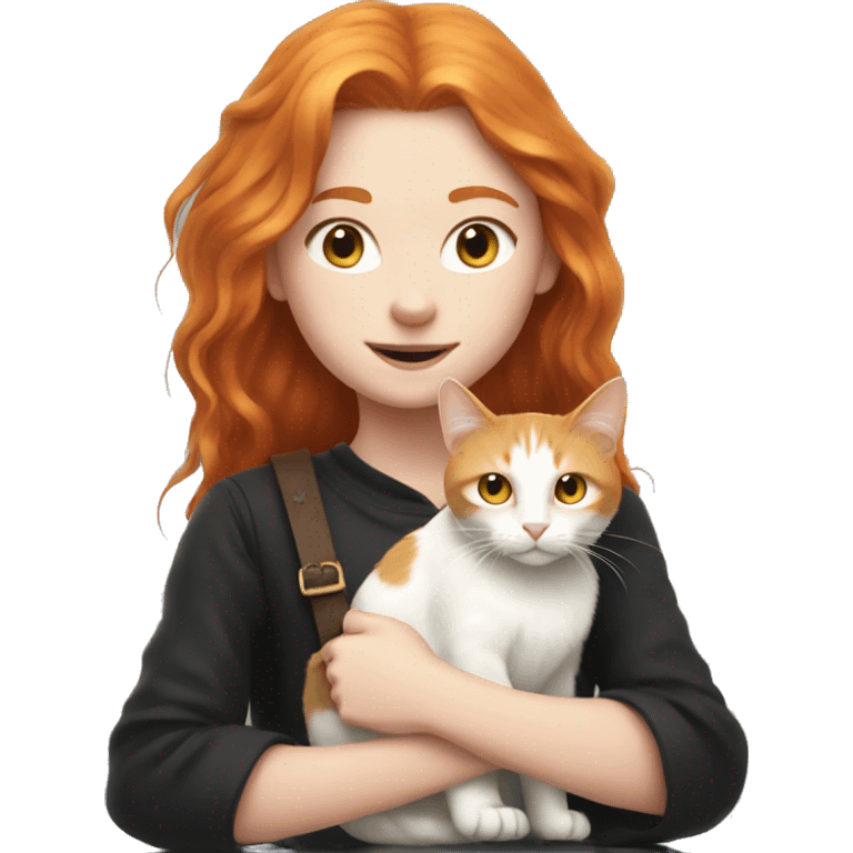 Young Ginger witch with straight hair with the white cat Boris  emoji