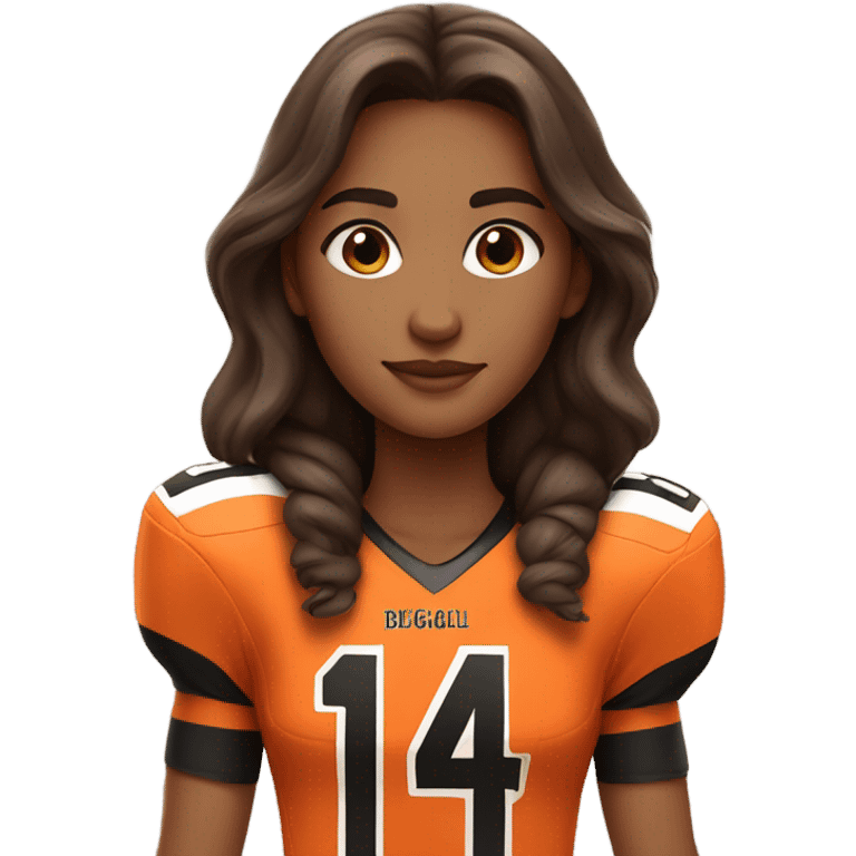 Girl with long brown hair, wearing orange and black Bengals football jersey emoji