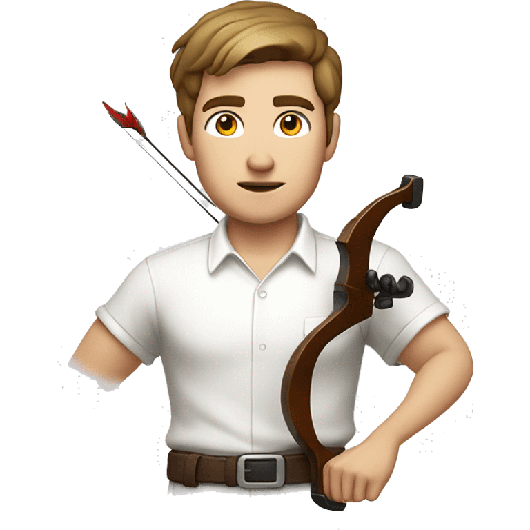 a male, aiming with a bow, facing  his target, eyes closed, wearing a white shirt, very short brown hair, bright skin, only show upper part of the body from waist up emoji