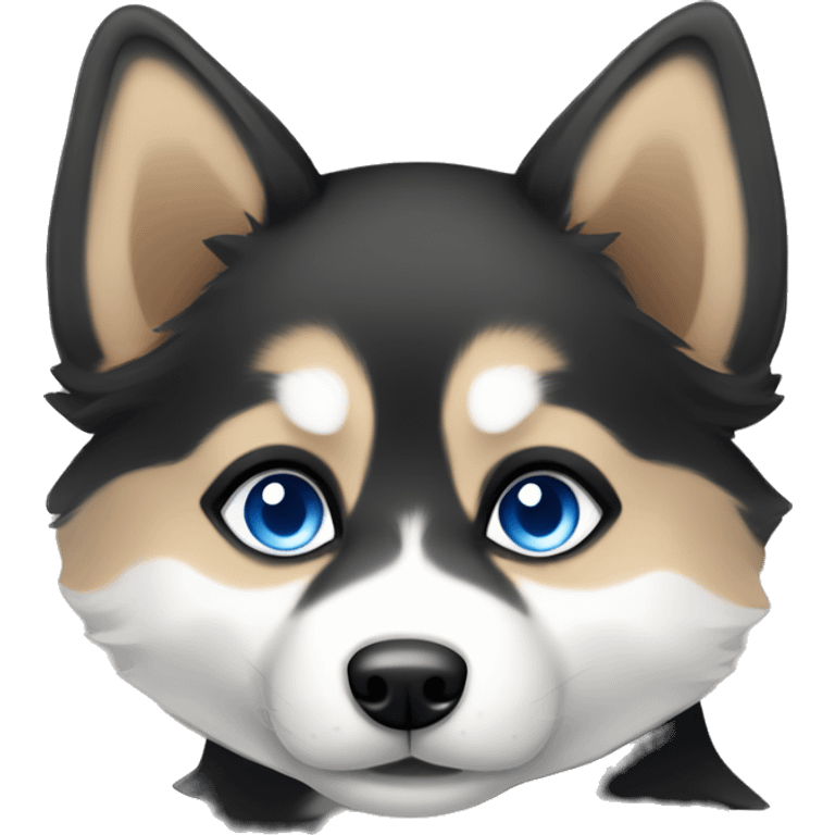 Black, white and tan pomsky with blue eyes.  emoji