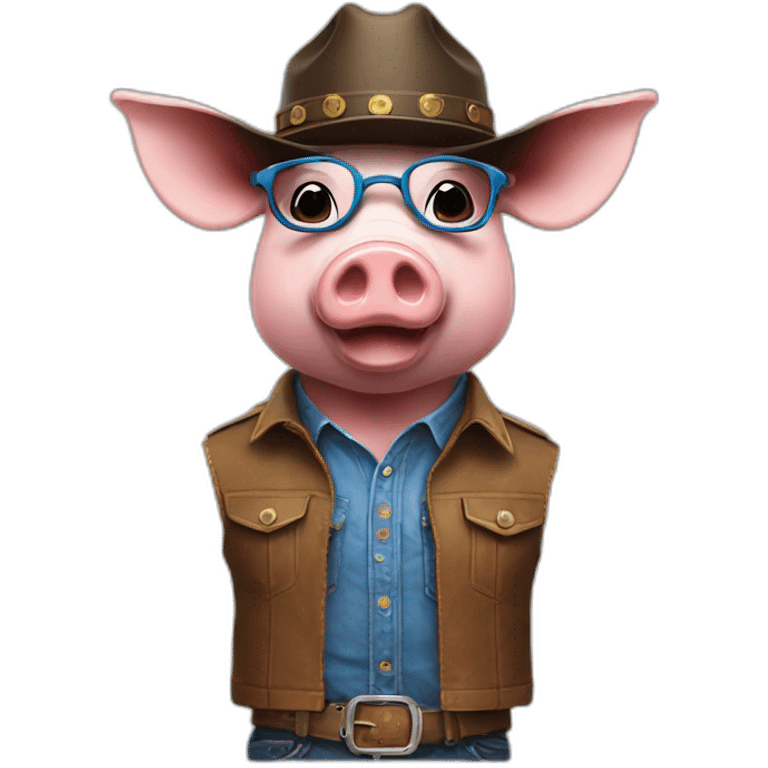 A pig with a cow boy's hat, with blue glasses and with a youtube in his chest emoji