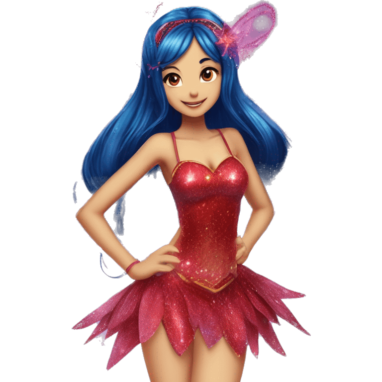 Musa asian adult fairy of music in her enchantix fairy red sparkling two-piece clothing and fairy enchantix wings and long dark blue hair in pigtails from winx club. Lots of sparkles and fairydust. Full body pic and full fairy bliss emoji