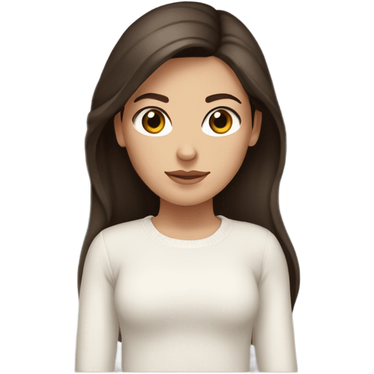 White girl with dark brown long hair, brown eyes and a white sweater emoji