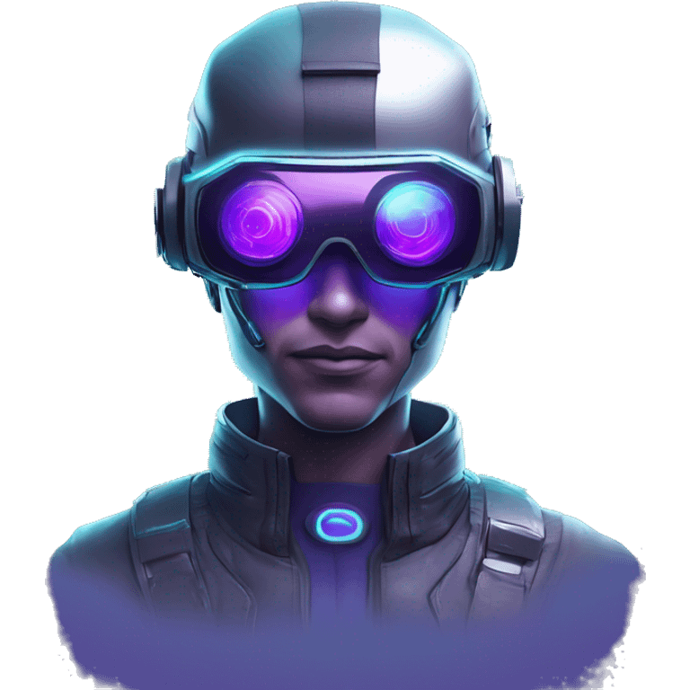 Secret humanoid agent in a futuristic hat with in Apple VR goggles headset code display on the goggles , cyberpunk, cyan and purple colors, only upper body portrait, front facing the camera  emoji