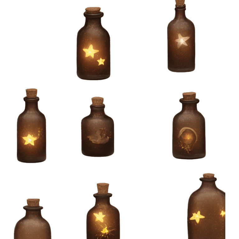 Brown magic fairy light sparkling old Antique bottle with poison and with herbal and flowers emoji