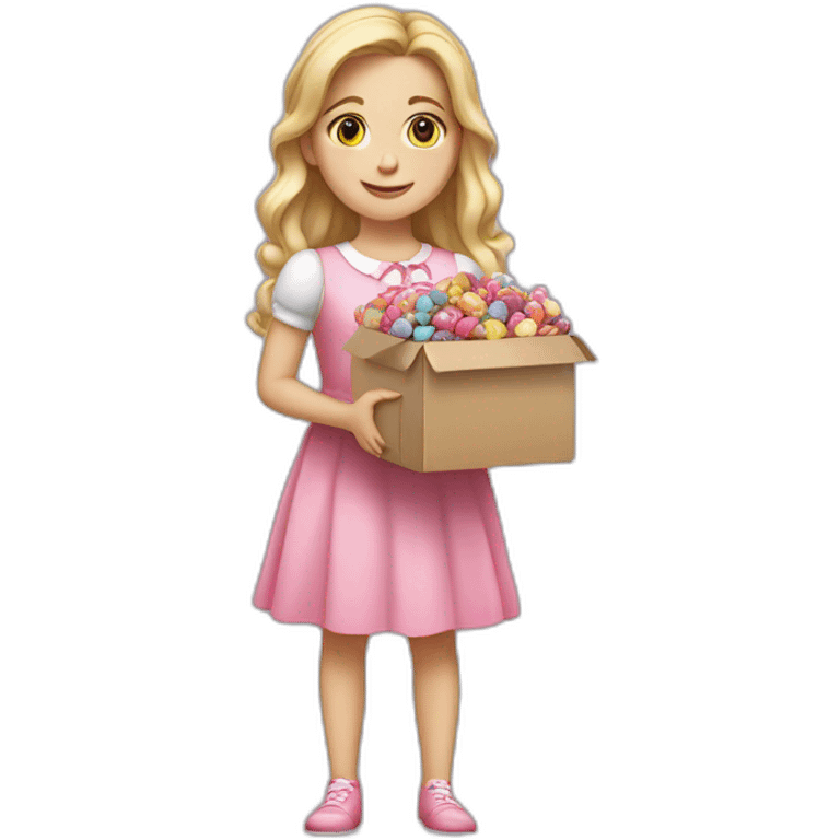 white girl in a pink dress holding a box full of candy. emoji