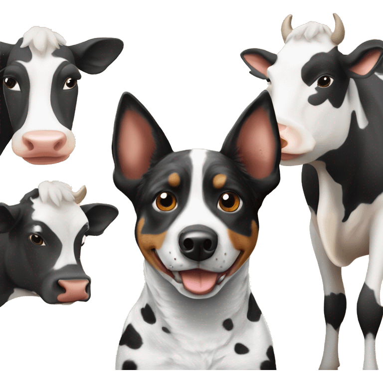 Black and white spotted Australian cattle dog with cows emoji