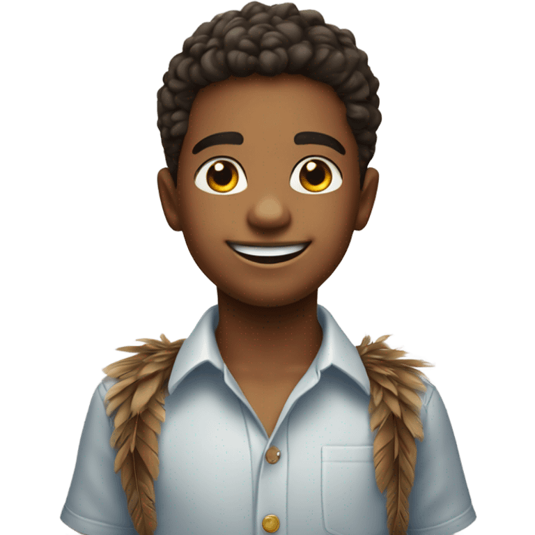 smiling boy in collared shirt with feathers emoji