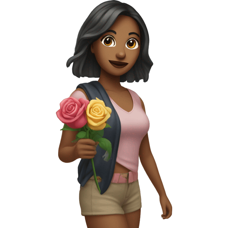 A woman named Rose visiting a beach in California while holding a rose in her hand, dark hair and bangs in a ponytail emoji