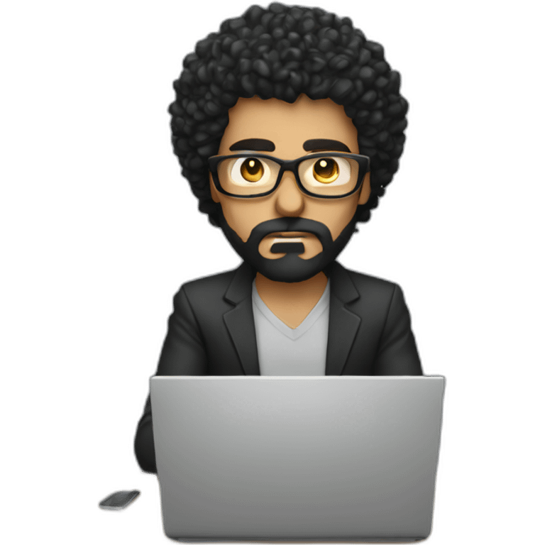 angry men with black curly hair and beard with golden glasses working on computer emoji