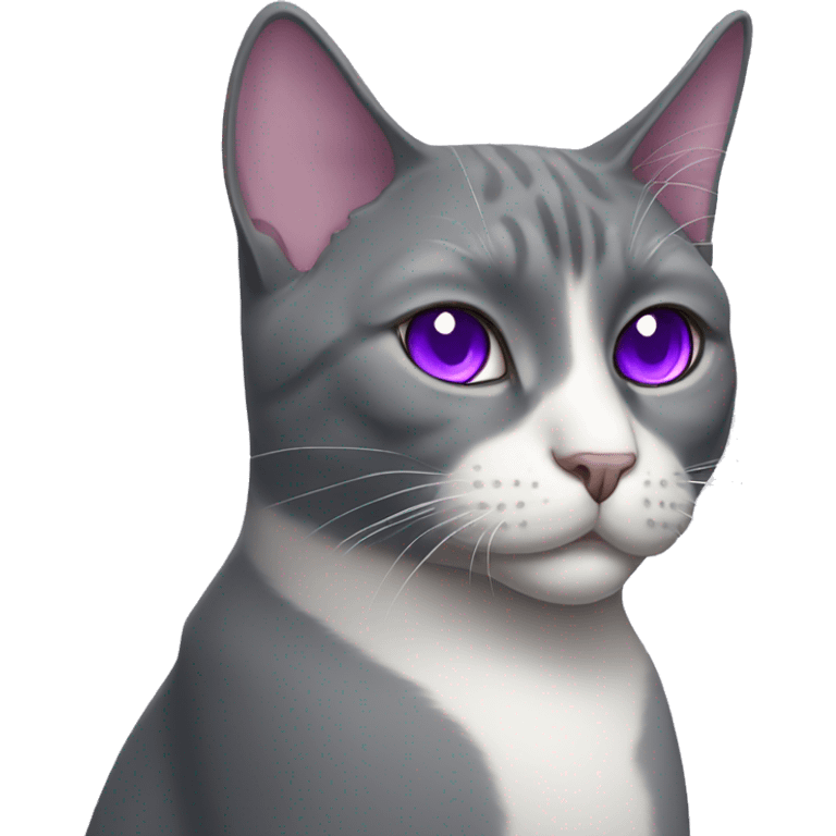 Grey tuxedo cat with one purple eye emoji