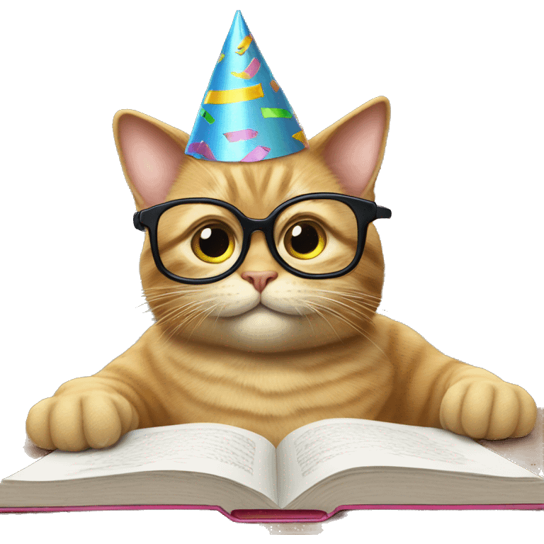 cat wearing glasses and a birthday hat studying emoji