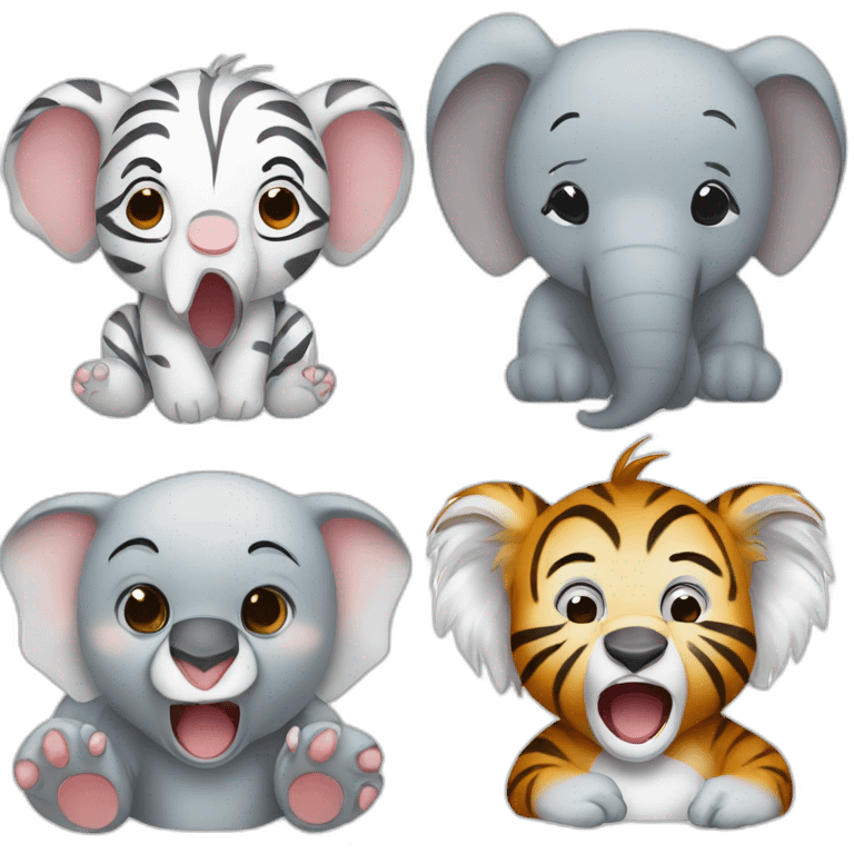 elephant and koala and monkey and white tiger are crying emoji