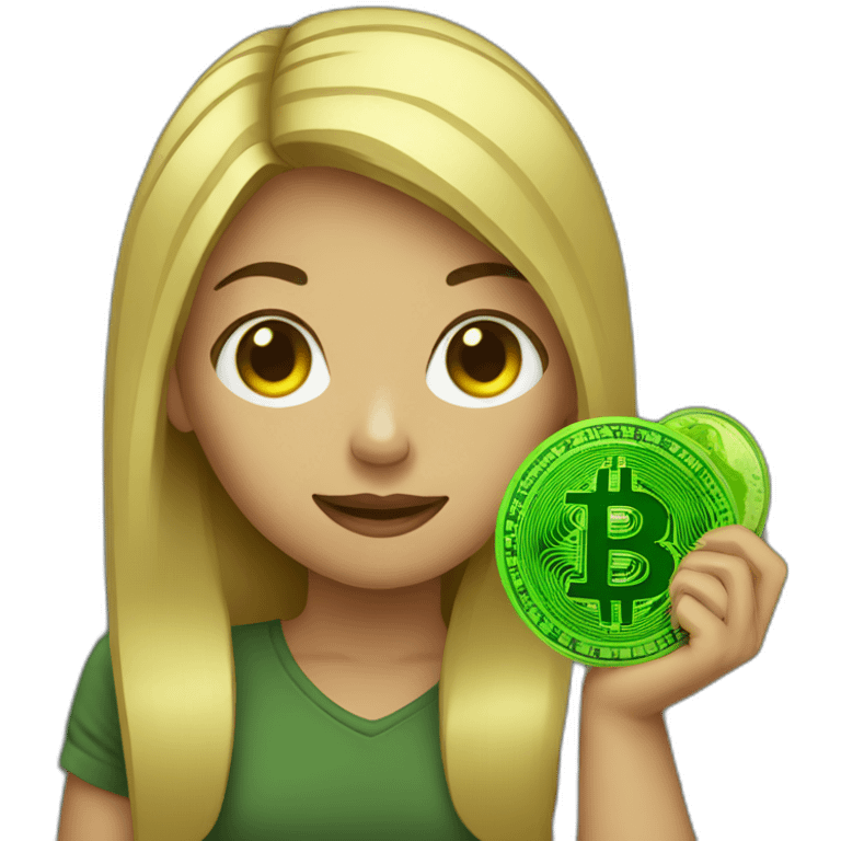 girl holding green Bitcoin emoji