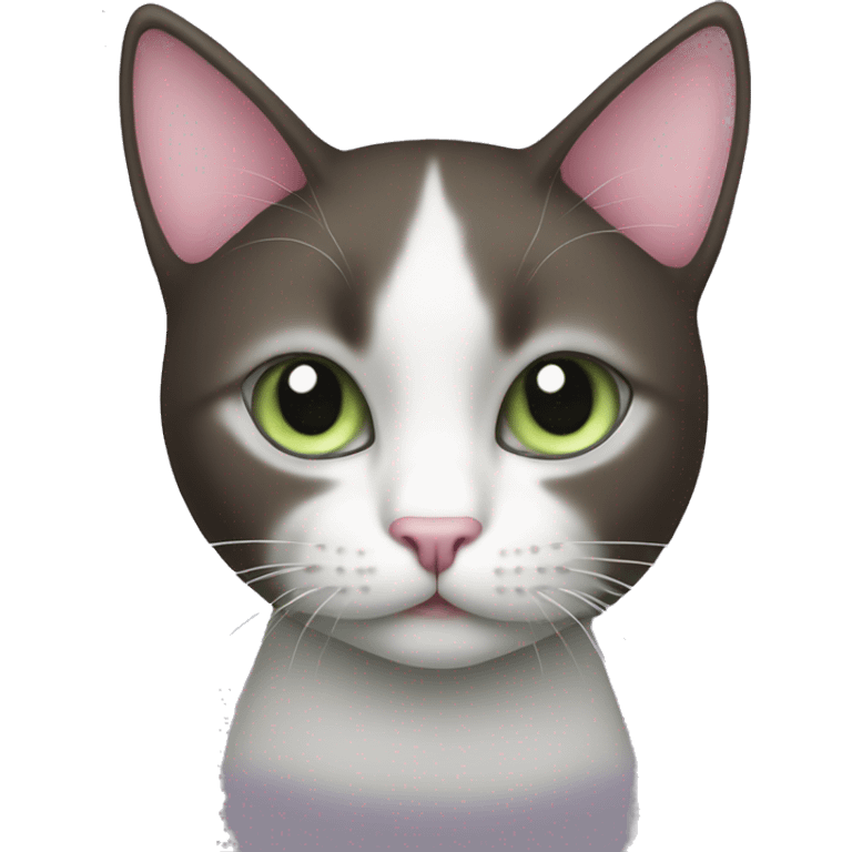 dark brown grey and white cat with pale green eyes pink nose emoji