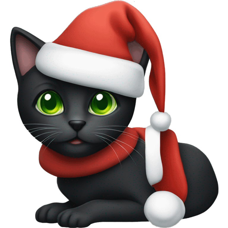 A black cat with green eyes wearing a Santa Claus hat emoji