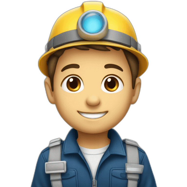 A little kid with engineer uniform. Logo “FE” as logo on his hat, smiling emoji