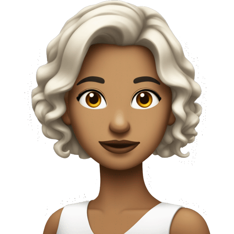 Chica de piel blanca, con pelo de color negro largo y ondulado, ojos de color marrones , oscuros , que esté vestida con algo semi formal emoji