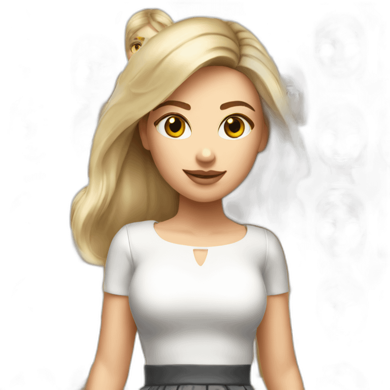 hyperrealistic caucasian long blonde brown eyes woman white top gray tight mini skirt black high heels emoji