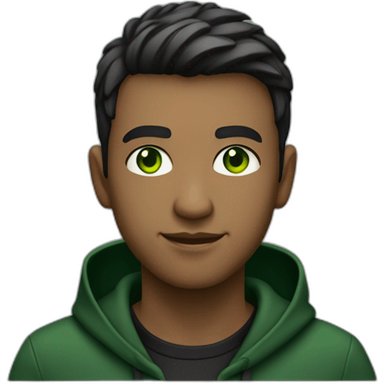 Programmer with dark fade haircut, dark green eyes without glasses in black hoodie without print emoji