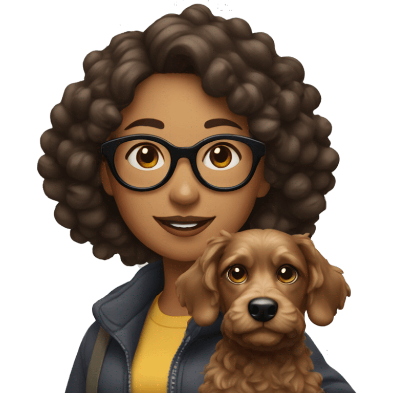 woman with glasses, curly hair and taking her black Pincher dog for a walk emoji