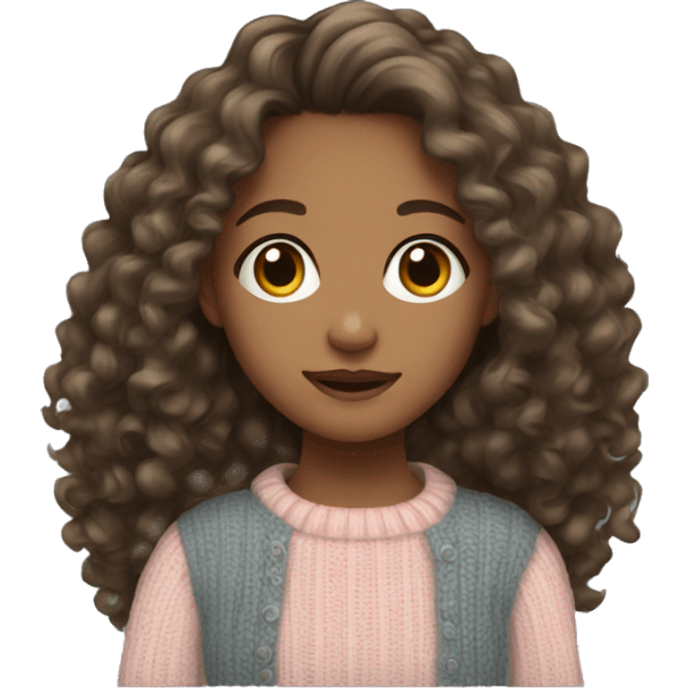 Girl with long brunette curly hair wearing sweater emoji