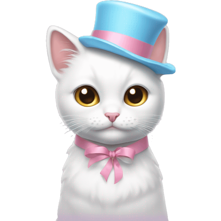 Hot and dizzy white cat wearing a sky blue ribbon on her head, and her chick is pink emoji