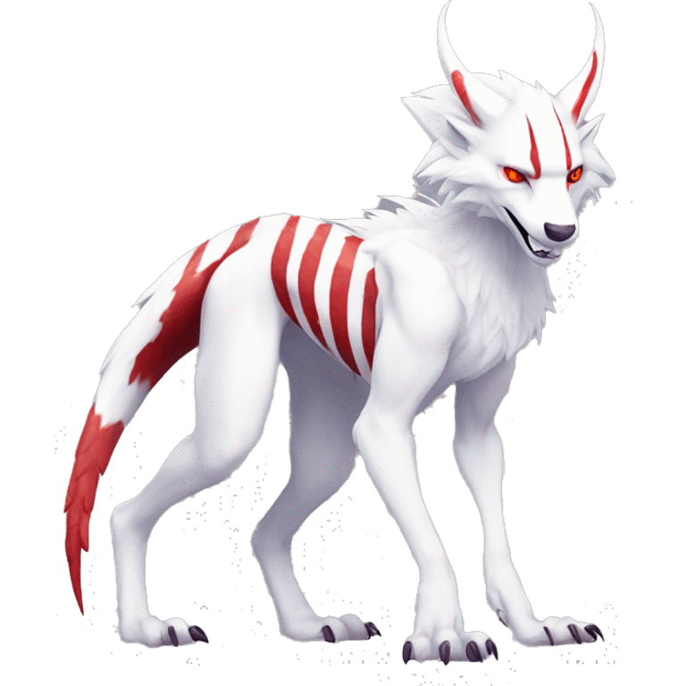 White edgy cute badass epic anthro modern albino sergal-vernid-Fakémon with red mane and red eyes, red stripes, red horns,  full body emoji